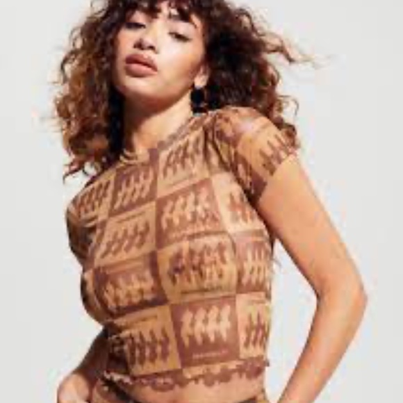 inamorata Tops - Inamorata Mesh Brown Logo Lettuce Hem Tee